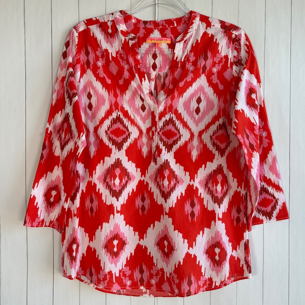 Vilagallo size 42 L Francia op red pink Ikat cotton 3/4 roll tab sleeve boho